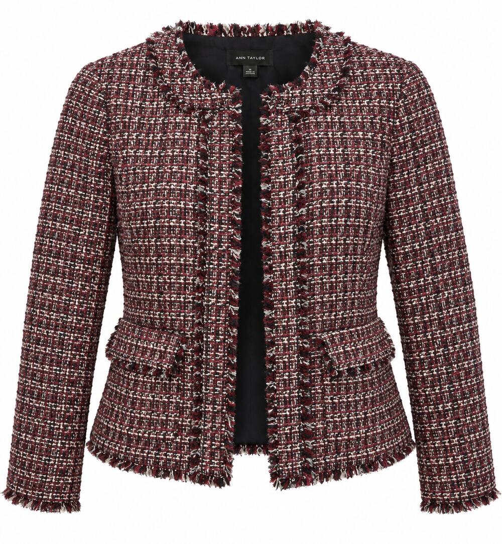 Ann Taylor Size 6 Burgundy Tweed Fringe Blazer Jacket Classic Chic